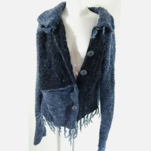 Free People vintage wool blend blue navy fringed sweater with front buttons 💙